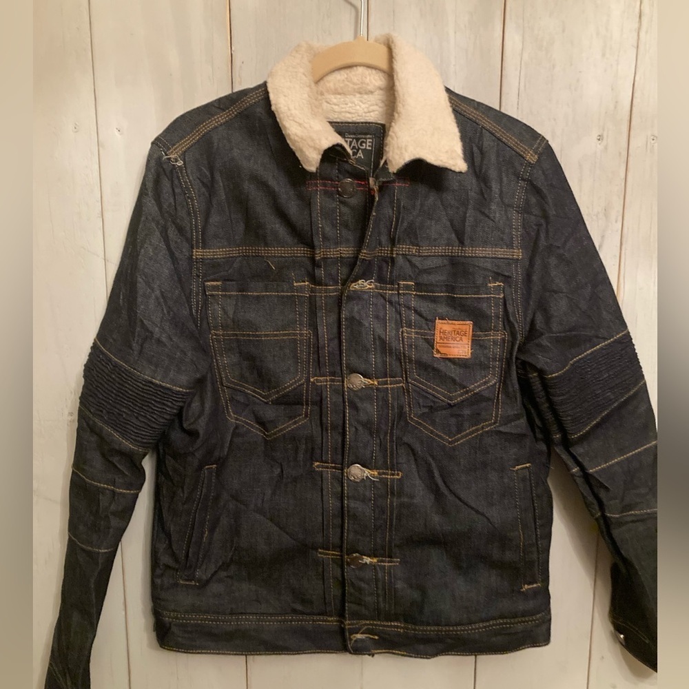Heritage America Jacket Mens Dark Denim Button Sherpa Collar Bomber Fit New Med